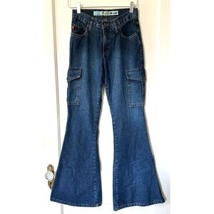 Vintage Y2K Mudd Cargo Utility Flare Dark Wash Jeans 1 Retro Bell Bottom